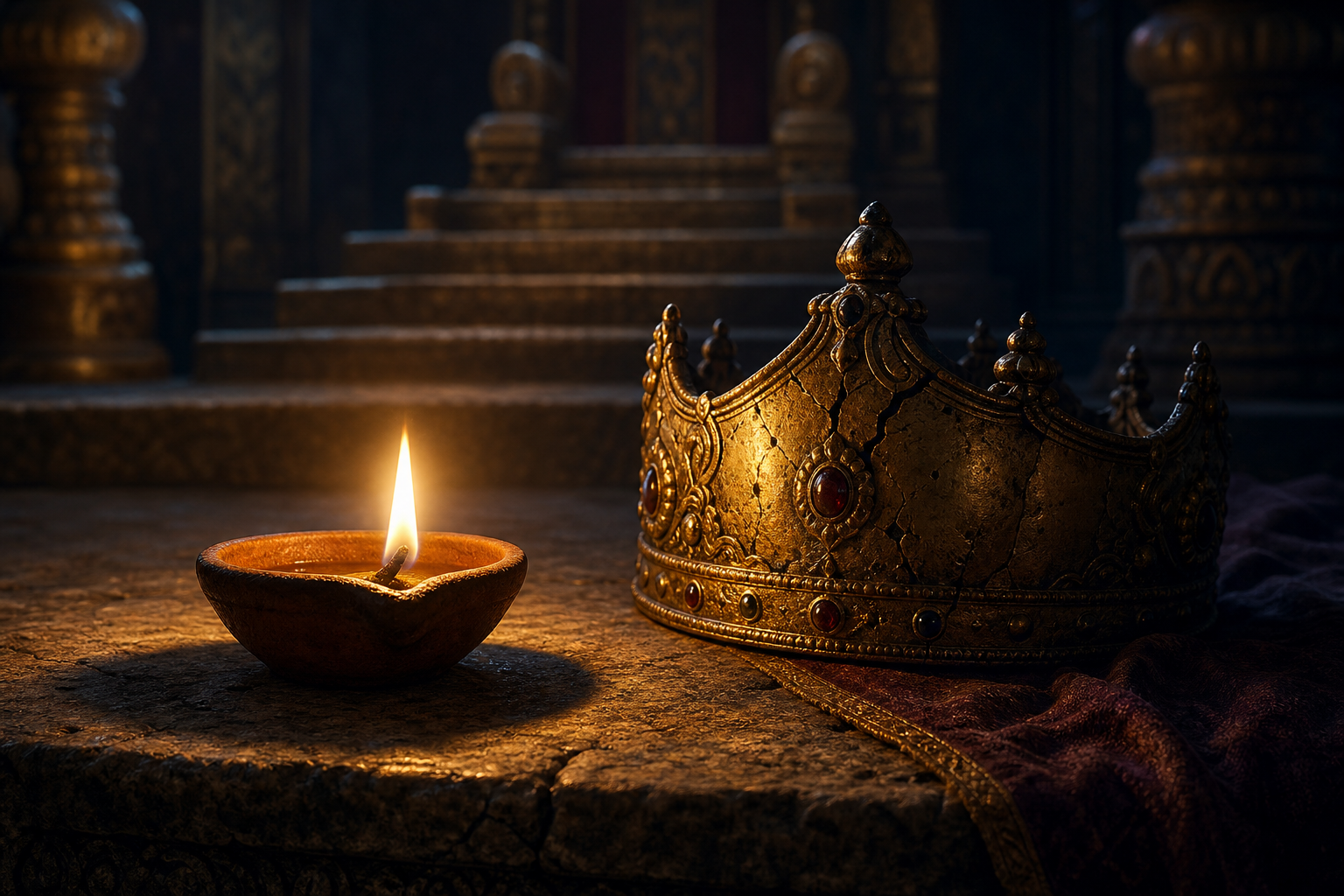 A brightly burning clay oil lamp sits beside a gold crown in shadow, with throne steps blurred in the background.
