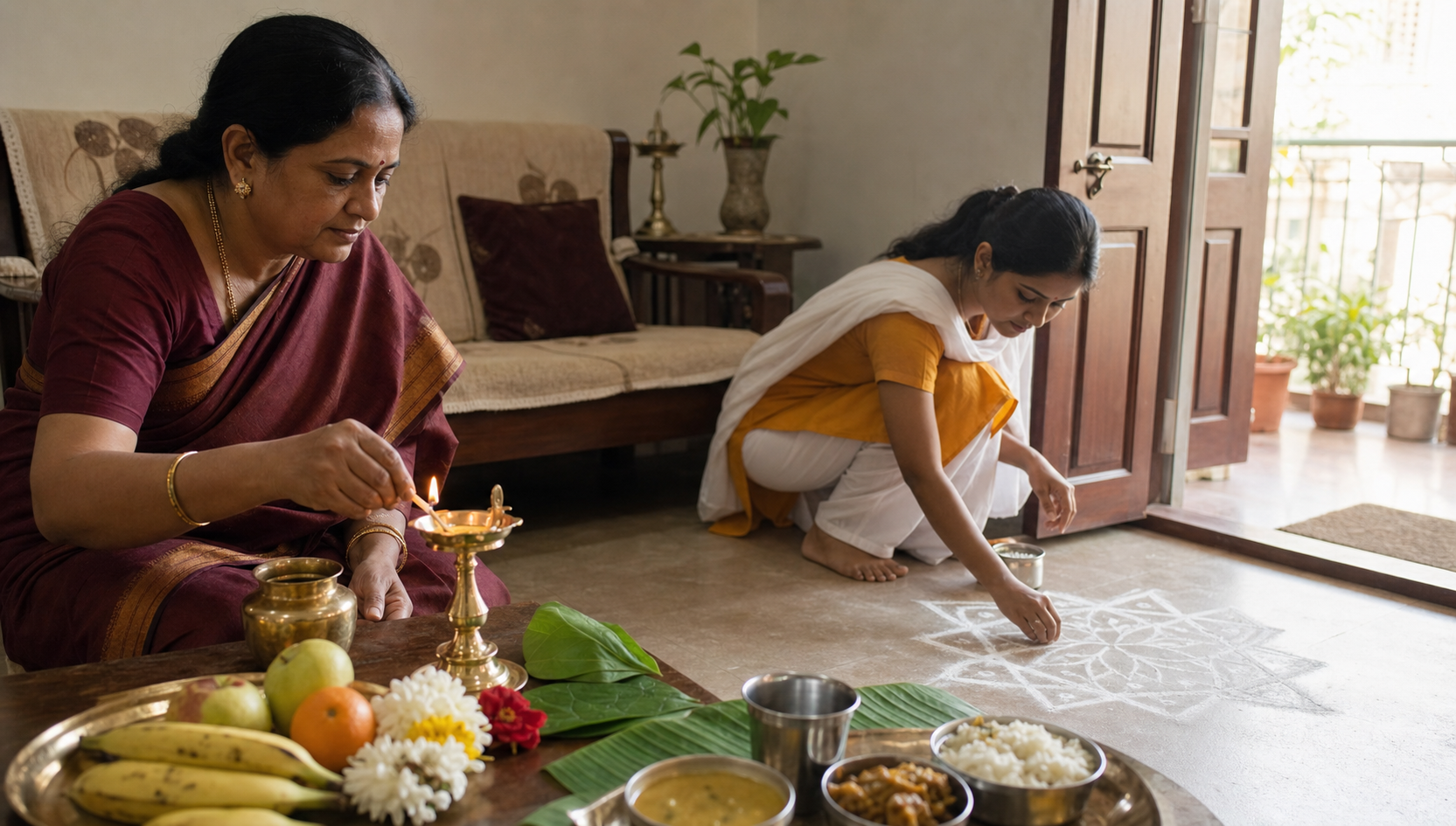 Two generations prepare a simple Puthandu observance at home with a lamp, kolam, fruit, flowers, betel leaves, and a meal.