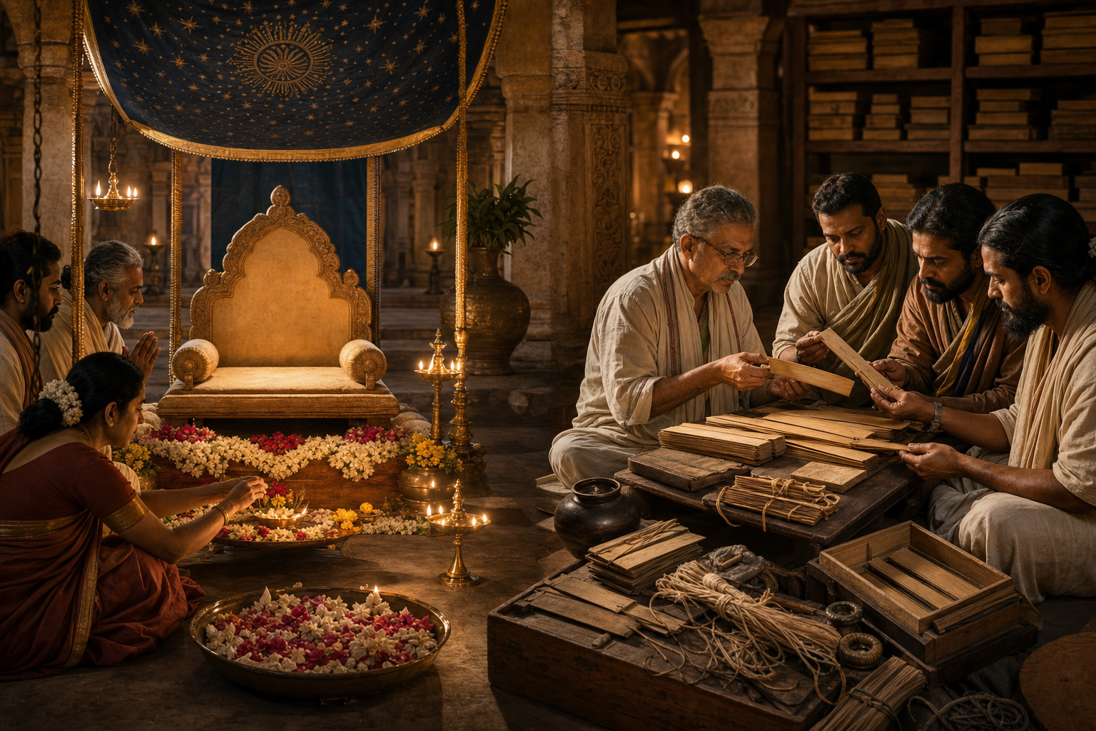 A devotional gathering honors an empty teacher's seat while scholars nearby examine palm-leaf manuscript fragments.