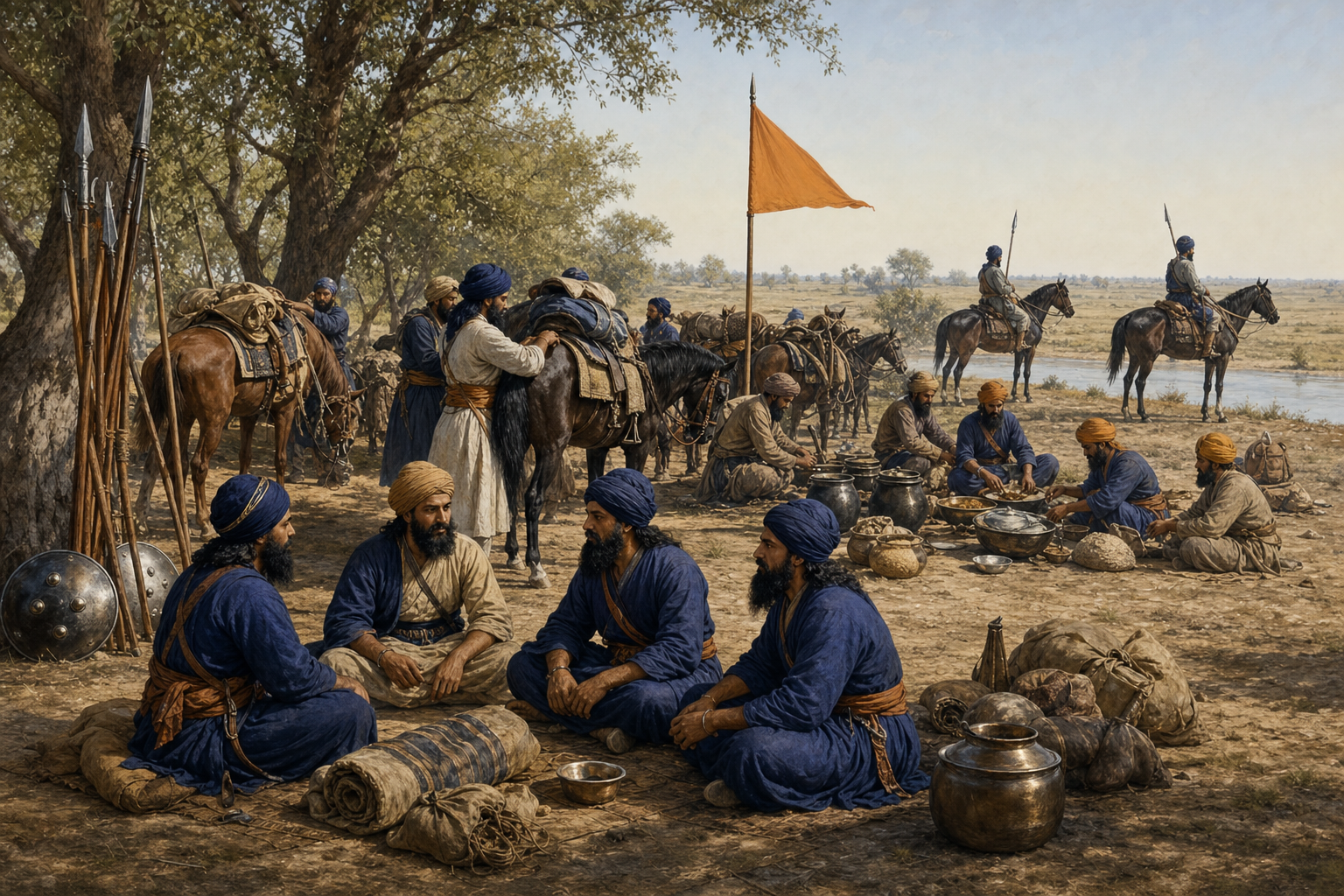 A mobile Khalsa encampment with Sikh riders packing horses, sharing food, and meeting in a small council beneath riverside trees.