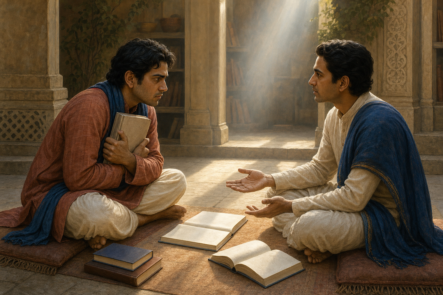 One student holds a book tightly against the chest while another sits opposite with open hands in a quiet courtyard library.