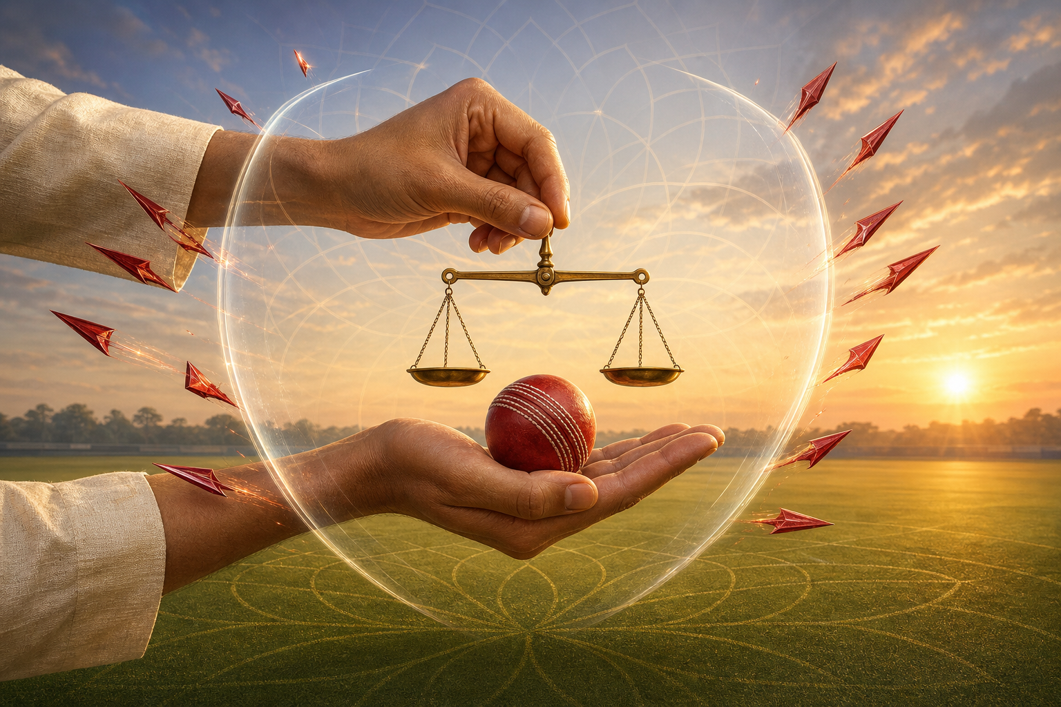 Two hands protect a cricket ball and hold a balanced scale while a translucent shield deflects red fragments above a dawn-lit field.