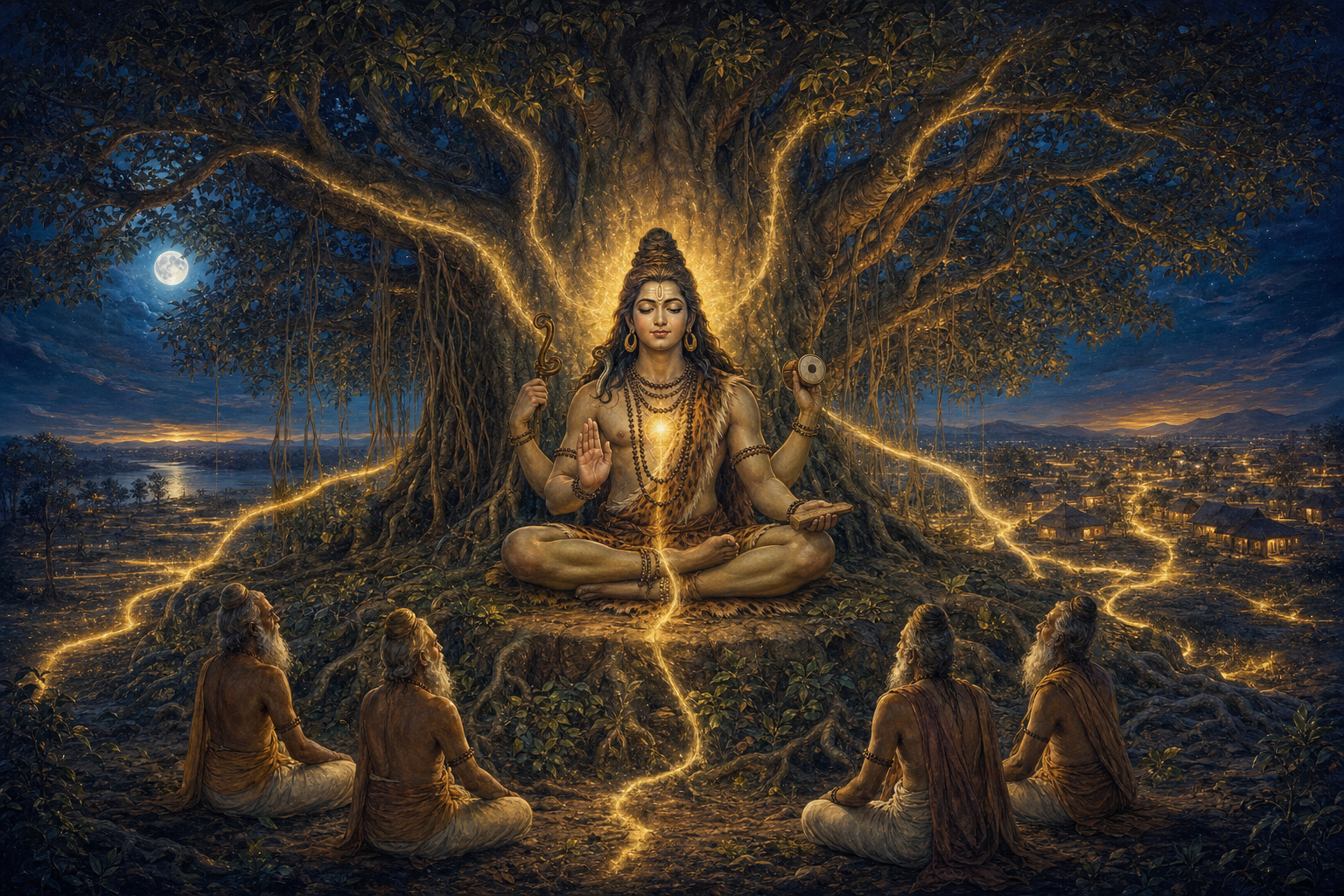 Dakshinamurthy sits beneath a banyan tree teaching sages as golden light flows from the still central figure into the surrounding landscape.