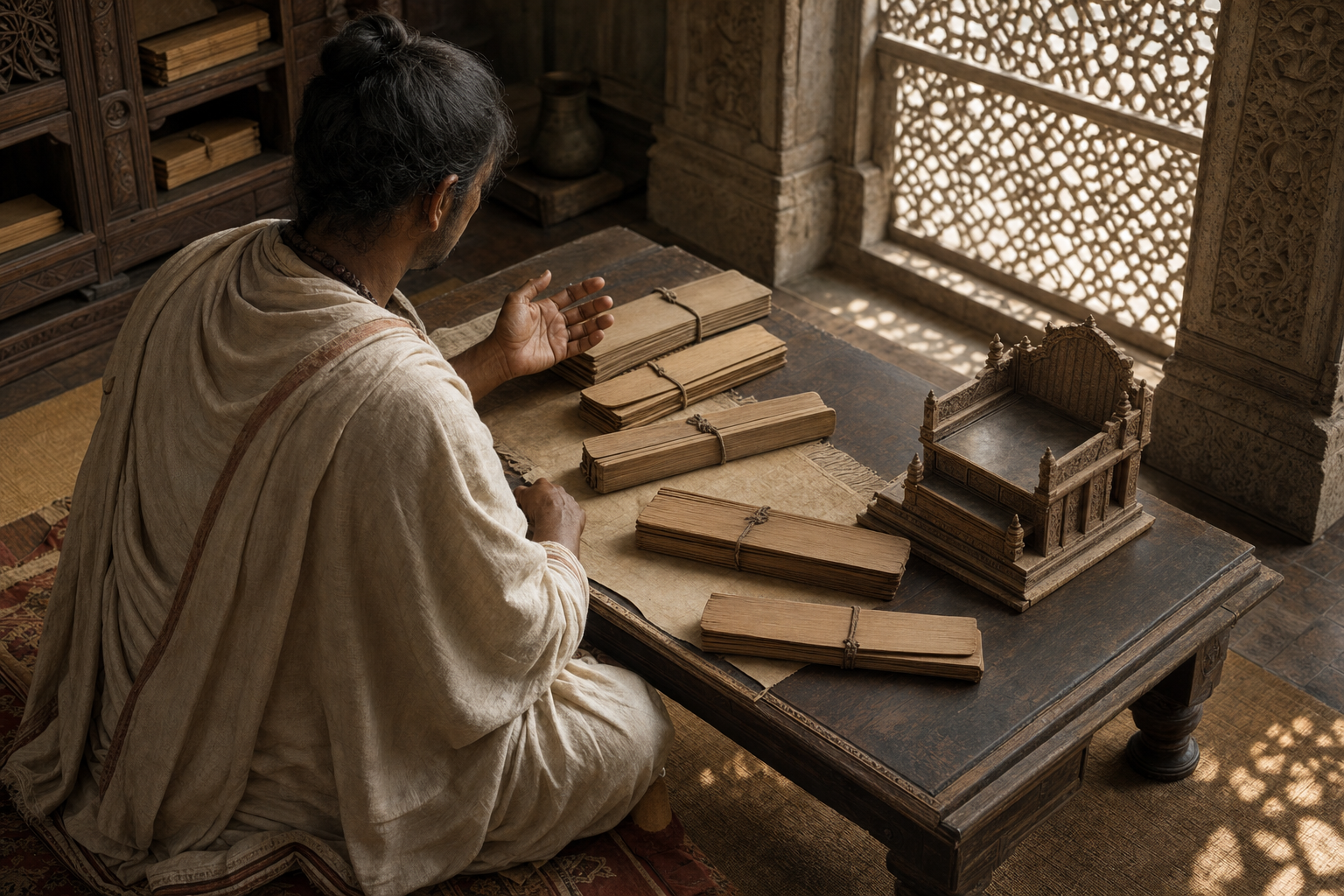 A scholar studies several palm-leaf manuscript bundles at a low desk beside a small model of a throne.