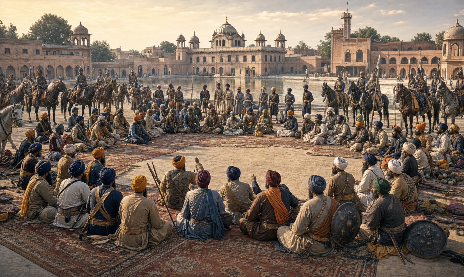 Representatives of several Sikh misls sit in a large council circle beside the sacred pool at late eighteenth-century Amritsar.