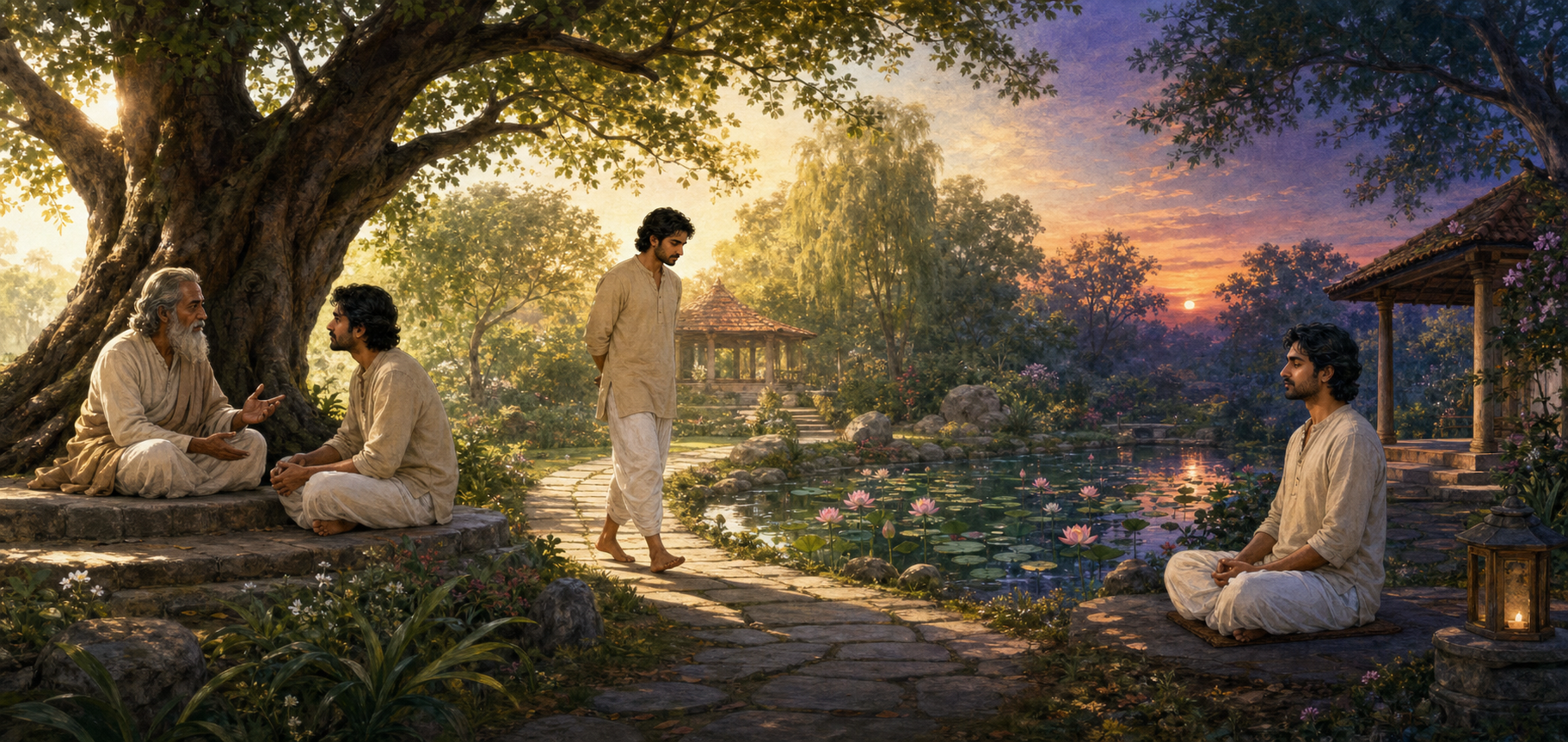 The same learner listens to a teacher, reflects while walking beside a pond, and meditates in three connected garden scenes.