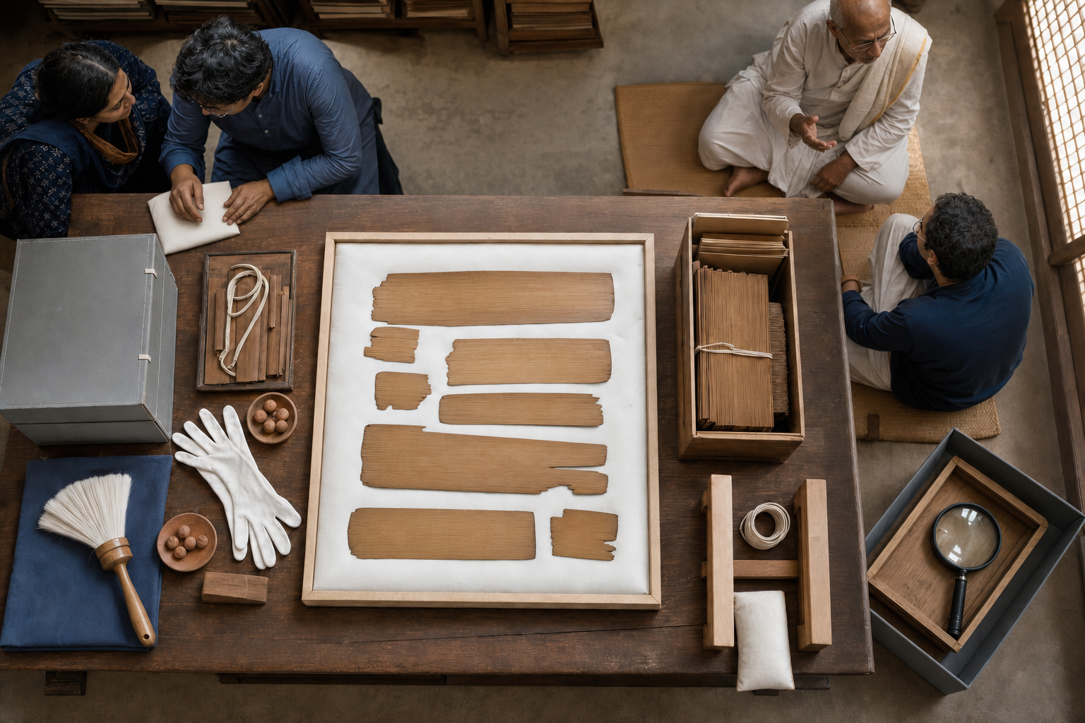 Researchers examine incomplete palm-leaf fragments on a conservation tray while consulting an elder reciter.