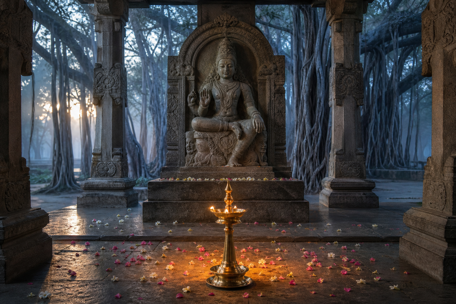 A stone Dakshinamurthy shrine and a separate glowing oil lamp stand inside a quiet temple pavilion beside a banyan grove.