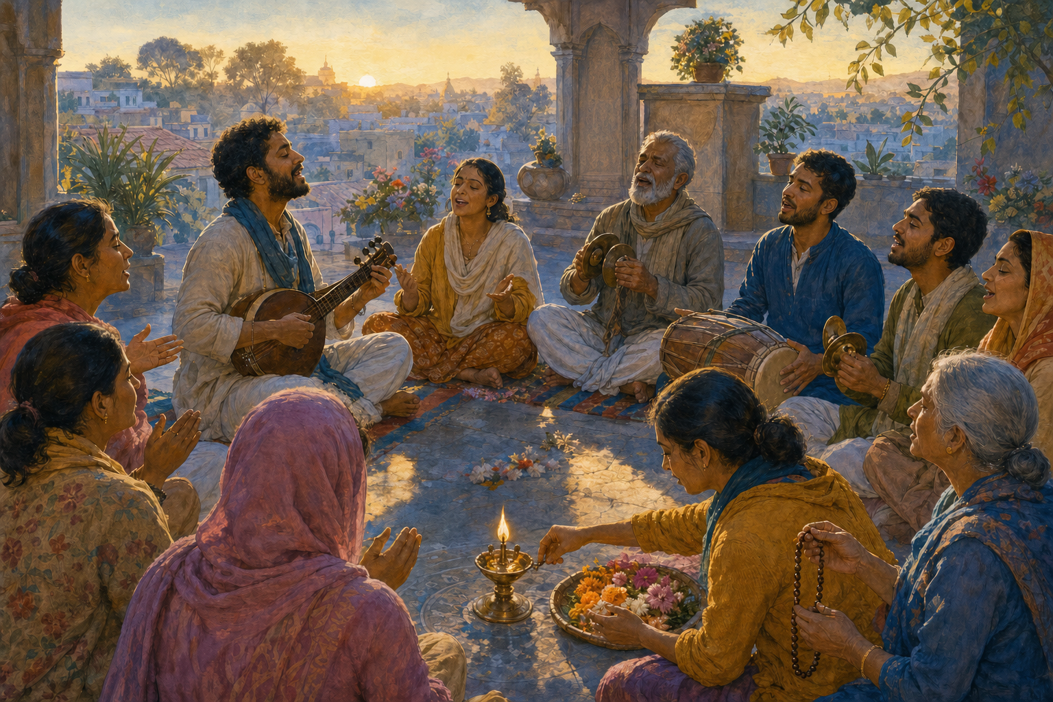 Devotees sing, play hand cymbals and a drum, use prayer beads, and prepare lamps and flowers at dawn.