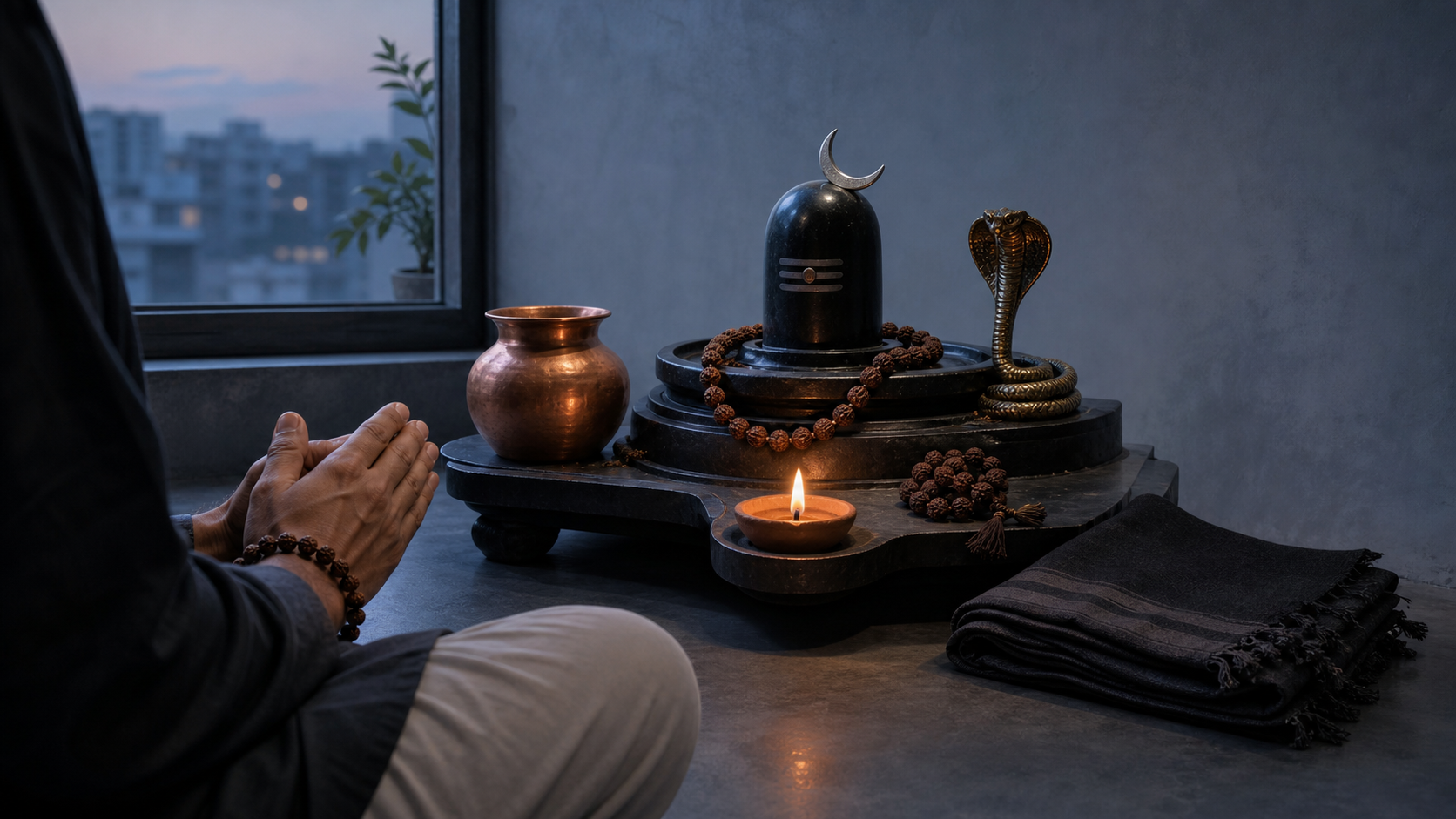A devotee sits before a small home shrine with a Shiva linga, crescent ornament, bronze cobra motif, prayer beads, water vessel, oil lamp, and folded dark shawl.
