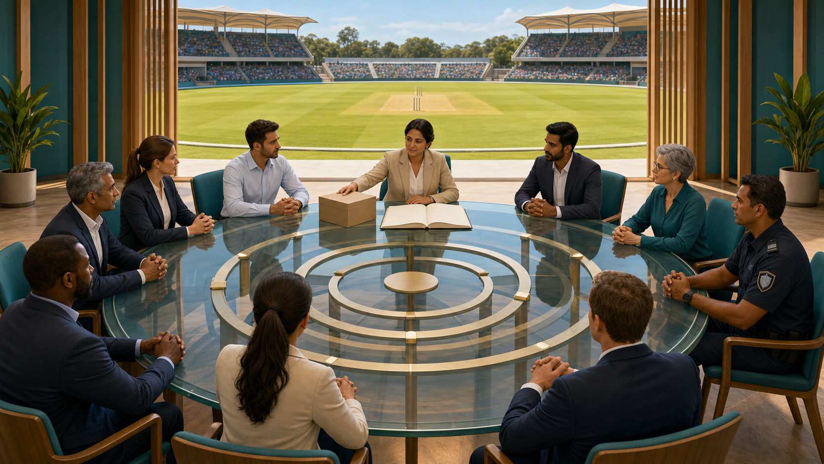 A diverse fictional governance council meets around a transparent circular table beside a sunlit cricket field, with a blank rulebook and evidence box in view.