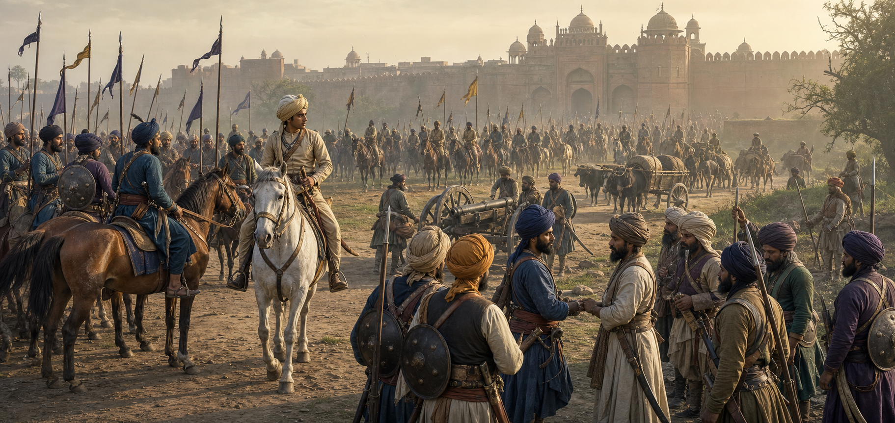 A young Ranjit Singh and several Sikh contingents assemble on horseback outside the brick walls of Lahore in 1799.