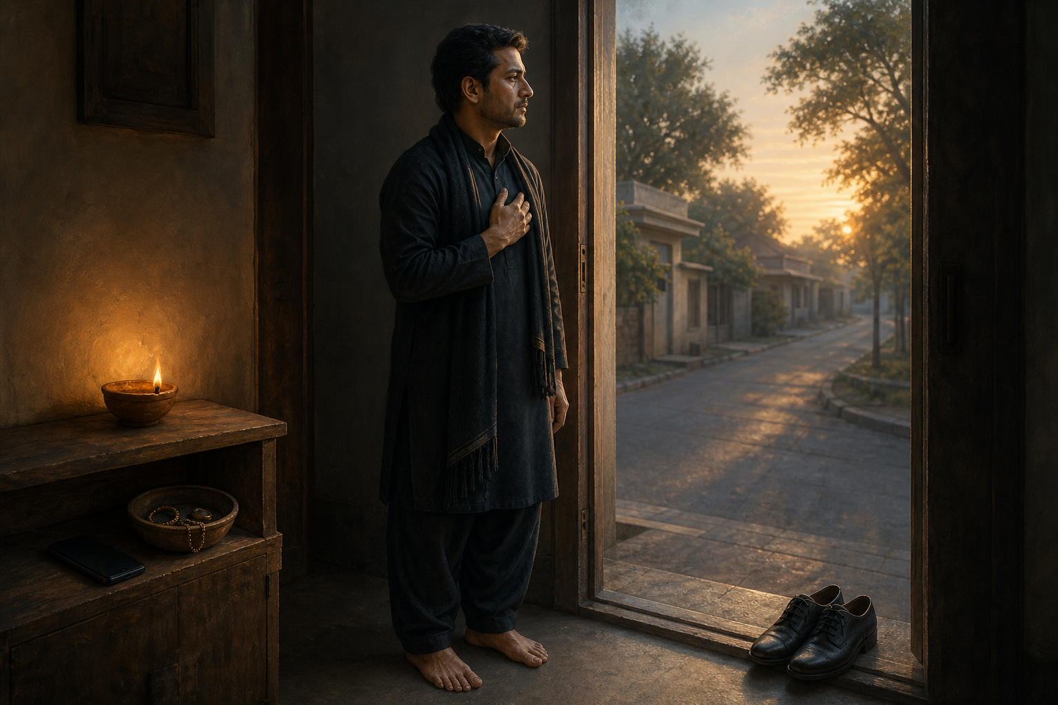 A person in simple dark clothing pauses at a home doorway beside aligned shoes, a face-down phone, a bowl of jewelry, and a burning clay lamp.