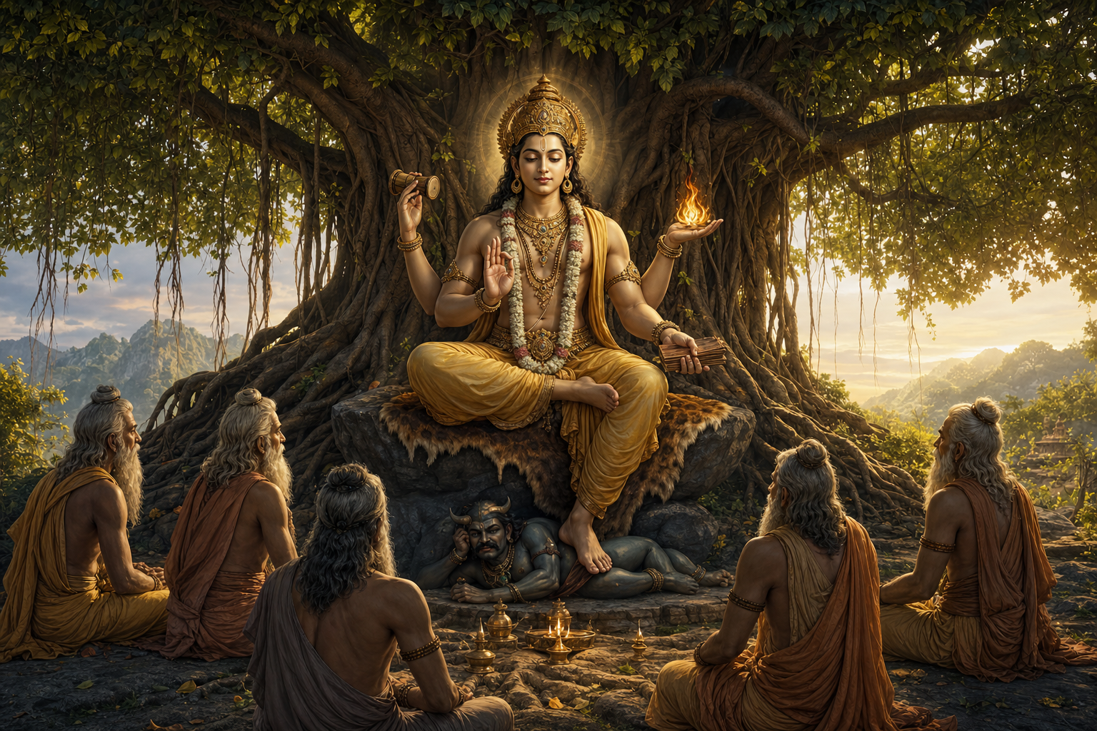 Dakshinamurthy sits beneath a banyan tree with sages, a teaching gesture, sacred attributes, exposed roots, and a symbolic figure beneath one foot.