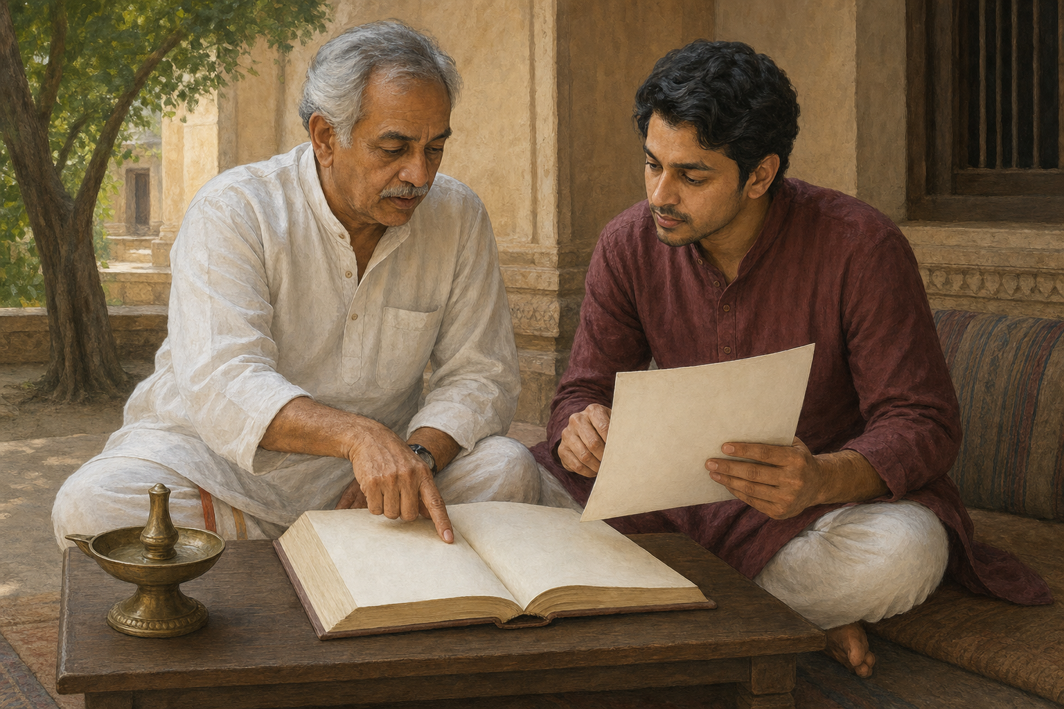 A teacher and student sit at the same level and examine an open manuscript together on a low table.
