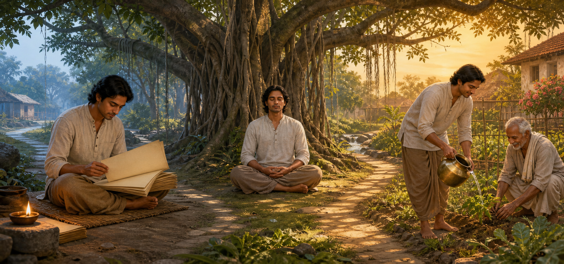 A practitioner studies beside a lamp, meditates beneath a banyan tree, and later carries water to help an older gardener.