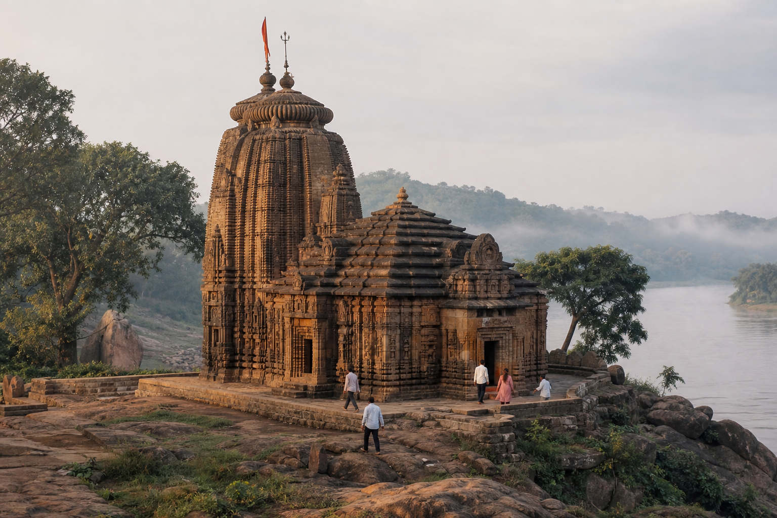 Singhanath Temple rises above a rocky island in the Mahanadi River, with trees, calm water, distant hills, and a few approaching pilgrims.