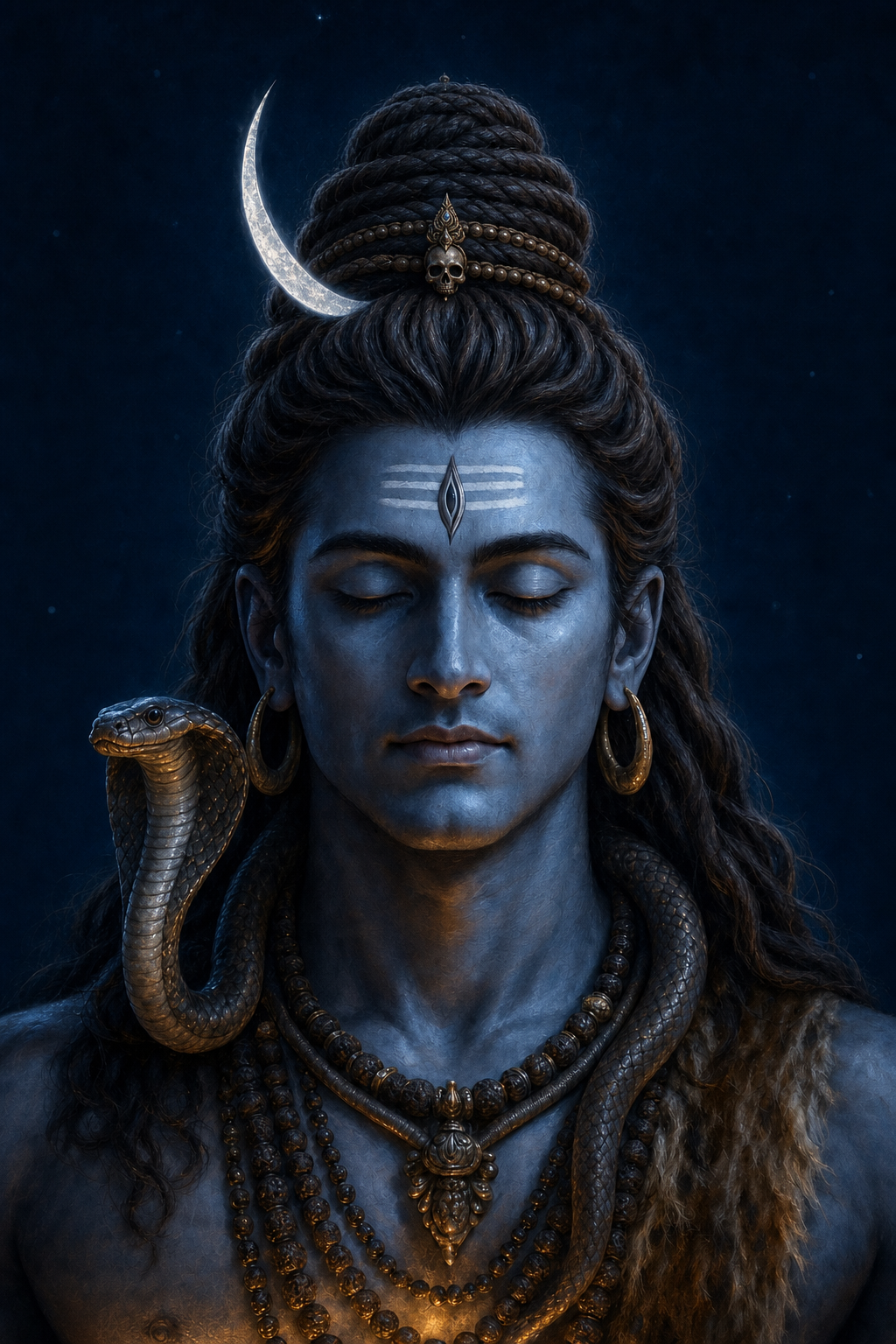 A serene portrait of Shiva shows a crescent moon and small skull ornament in the matted hair, with a cobra poised beside the neck.