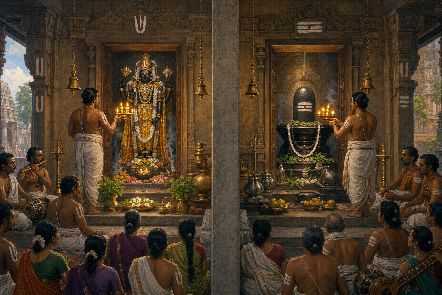 Side-by-side temple interiors show Vaishnava worship of Vishnu and Shaiva worship of a linga with corresponding lamps, leaves, flowers, vessels, priests, and devotees.