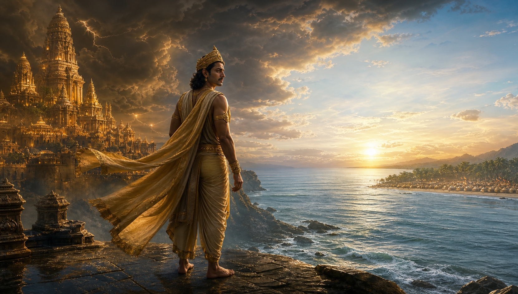 Vibhishana stands at the coast with storm-darkened Lanka behind him and a sunlit shore across the sea ahead.