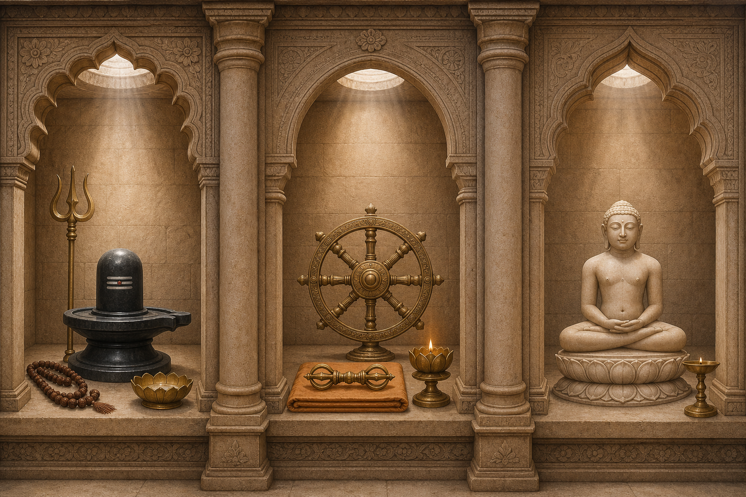 Three separate stone alcoves contain a Hindu Shiva shrine, a Buddhist wheel and vajra arrangement, and a Jain seated figure, each with its own lotus motif and lamp.