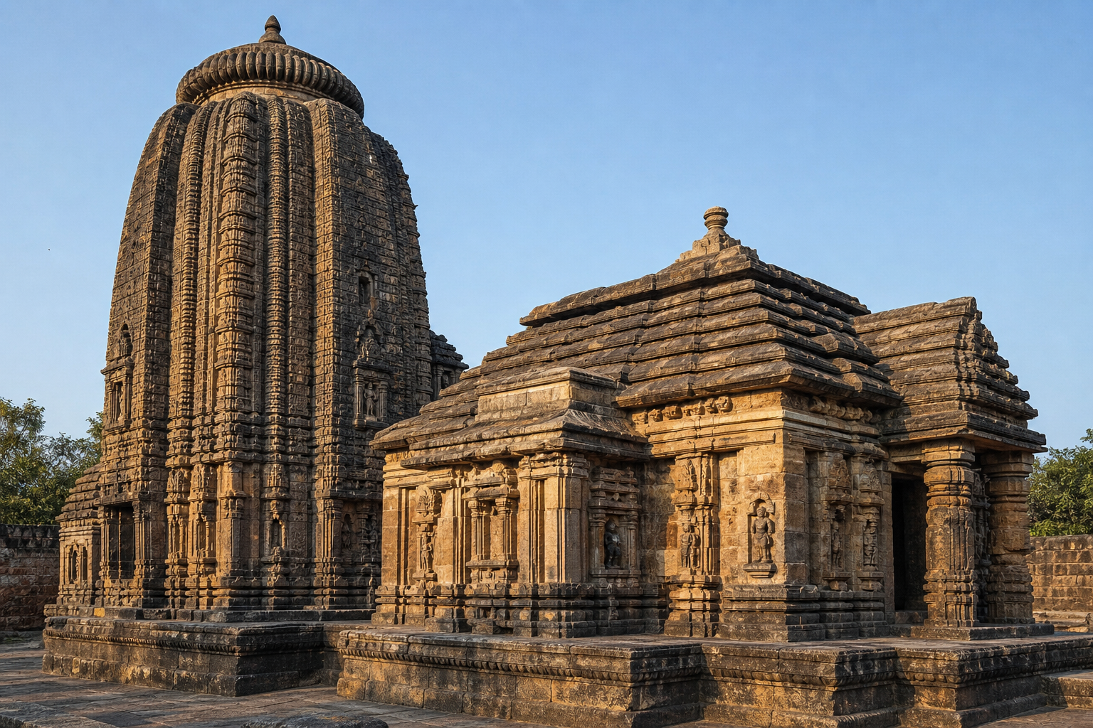 The curving sanctuary tower and lower adjoining hall of Singhanath Temple form a unified composition of weathered carved stone.