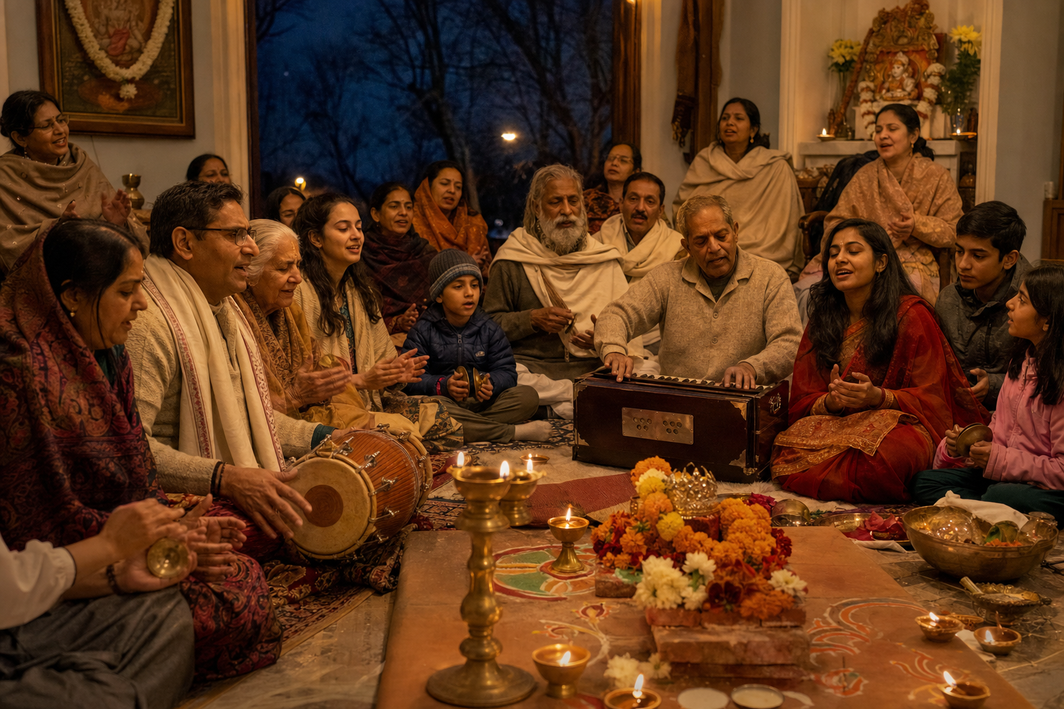 Adults, elders, teenagers, and children sing together around a flower-and-lamp altar during an evening devotional community gathering.