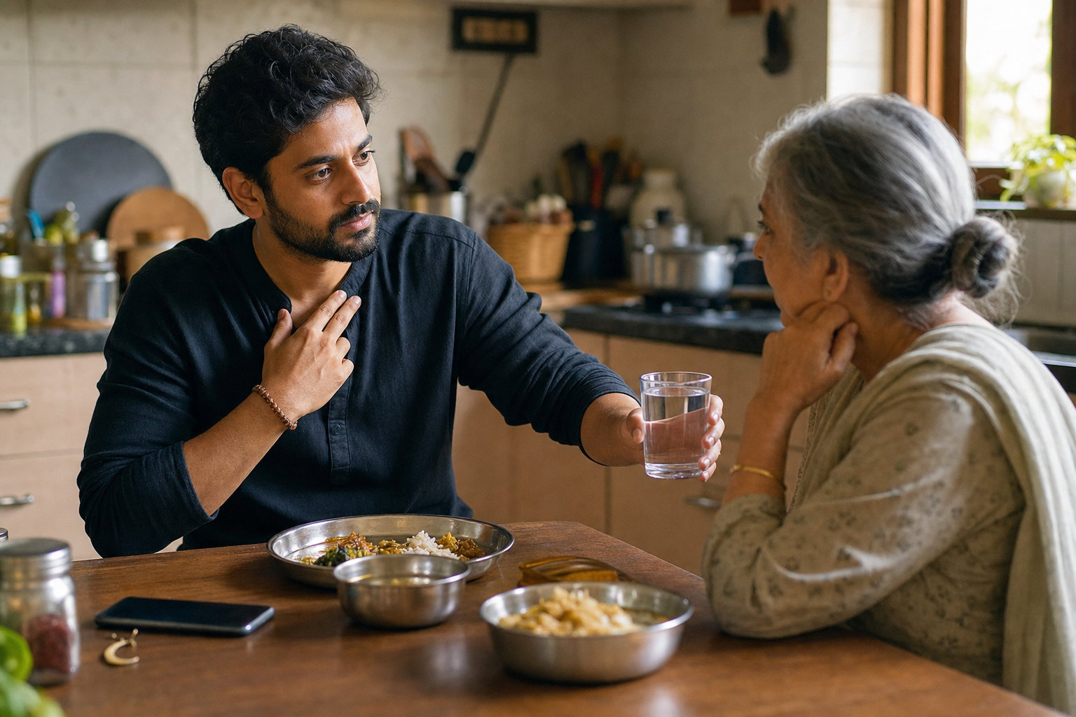A person touches a rudraksha bracelet while calmly offering a glass of water to an older relative at a family kitchen table.