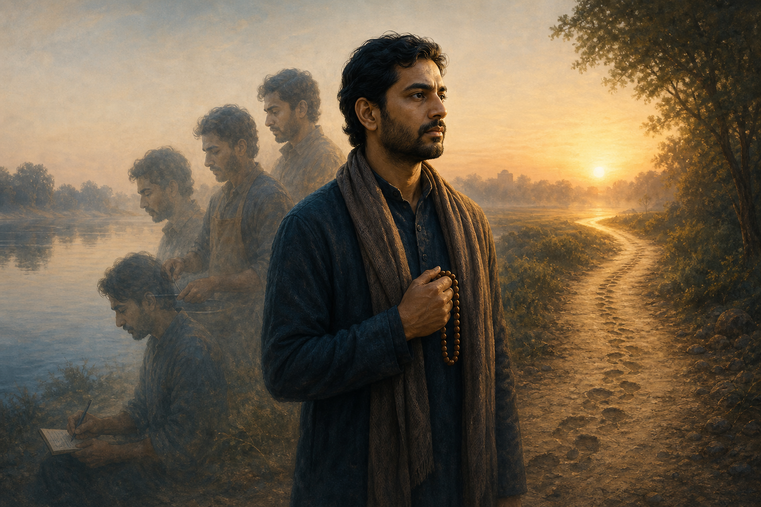 A contemplative person holding wooden prayer beads stands on a well-worn riverside path at dawn as faint layers of repeated gestures merge into the figure.