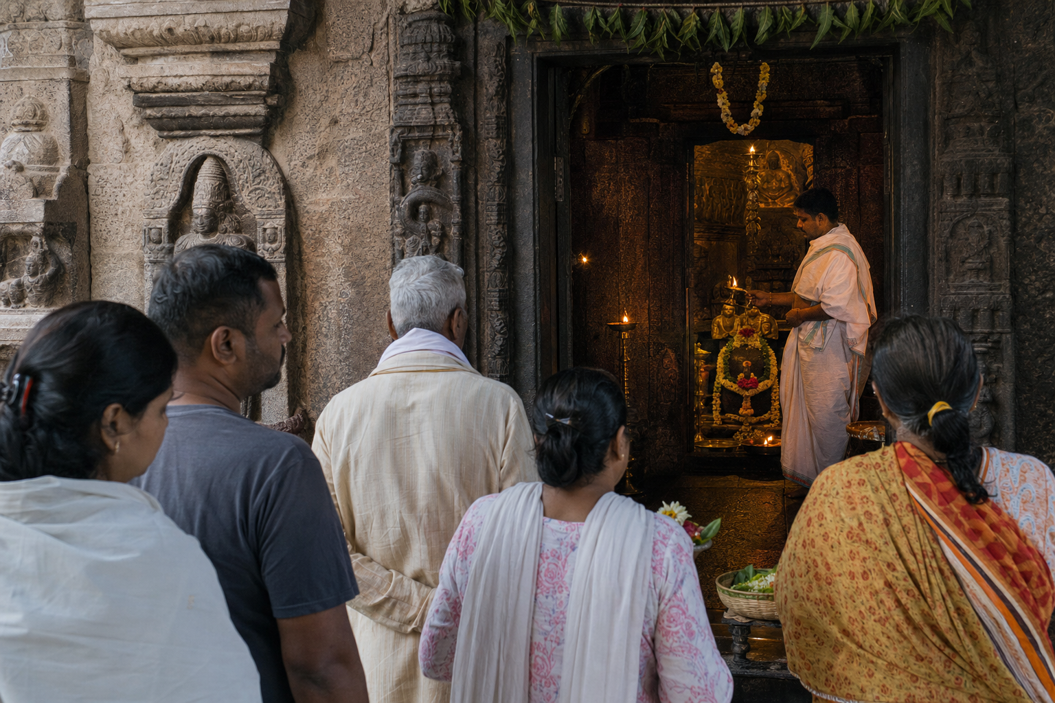 Pilgrims carrying simple flower and leaf offerings wait respectfully at the entrance of Singhanath Temple as warm lamp light glows inside.