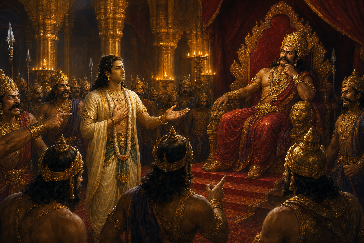 Vibhishana offers calm counsel before Ravana's throne while hostile and uneasy courtiers surround him.
