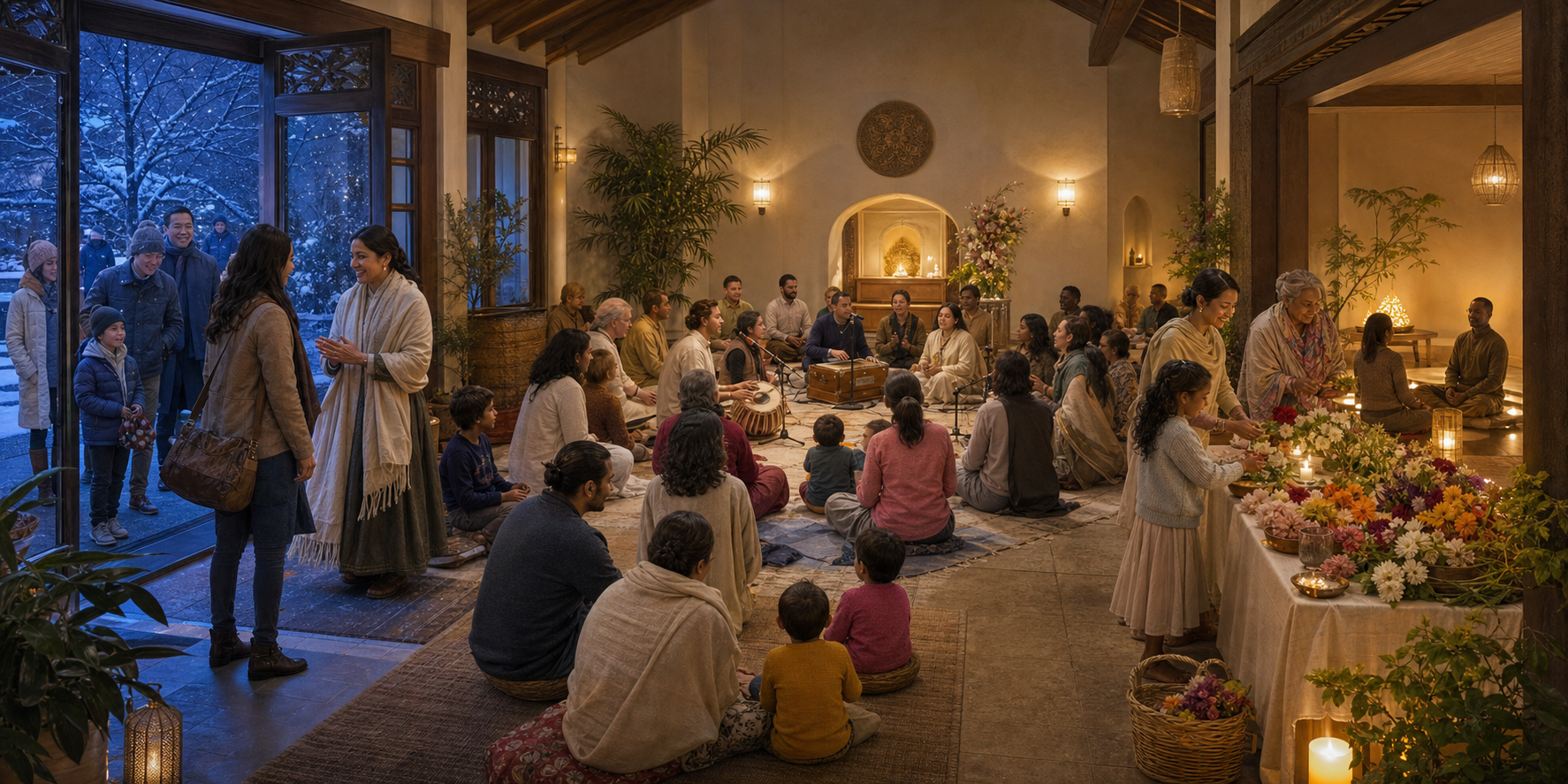 A layered scene shows guests arriving from a winter evening, joining devotional music, and approaching a lamp-lit offering and reflection space.