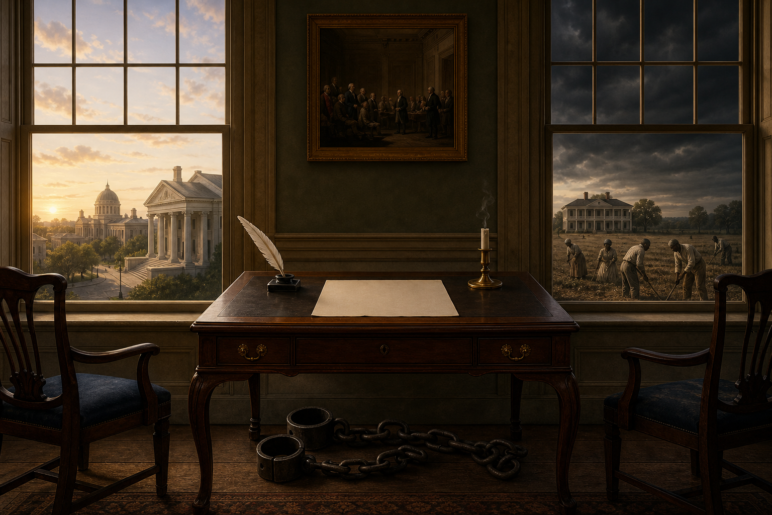 A quill and blank parchment rest on an eighteenth-century desk above a concealed iron shackle, with a bright civic landscape visible through one window and enslaved plantation laborers visible through another.