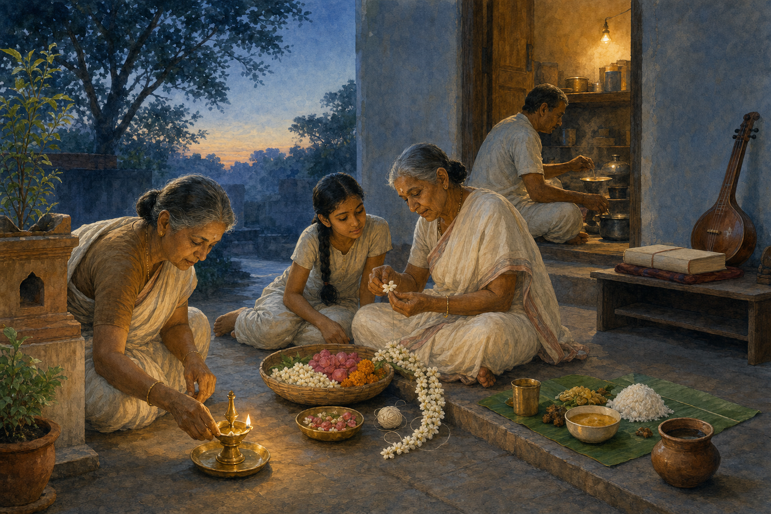 An intergenerational household tends a lamp, strings flowers, prepares food, and learns a devotional morning routine.