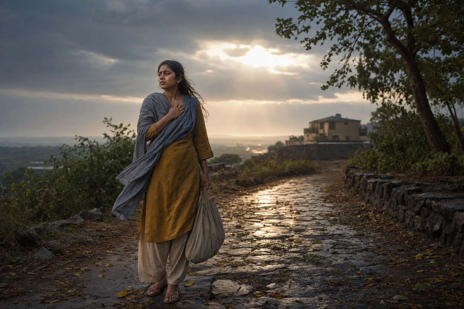 A tired but composed adult stands on a wet stone path at dawn as light breaks through storm clouds ahead.