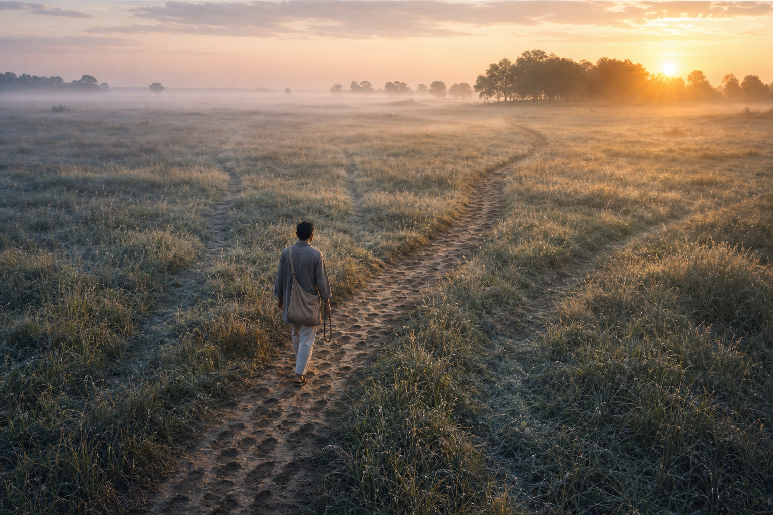 A person follows a trail formed by overlapping footprints across a dew-covered field toward a sunlit grove.