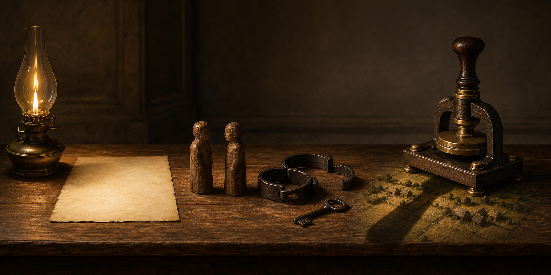 Four symbolic arrangements sit across a wooden table: a lamp and blank parchment, two matching carved figures, an unlocked shackle and key, and a seal press casting a shadow over miniature fields.