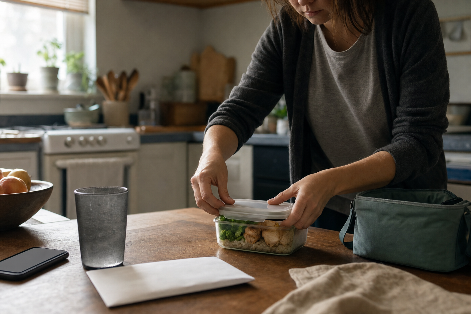 An adult carefully packs a meal while reminders of a larger personal crisis sit out of focus on a nearby table.
