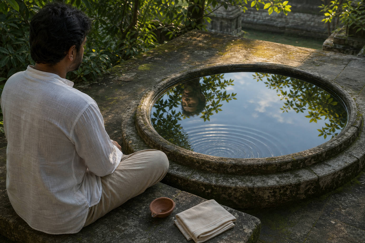 A seated person waits beside a stone basin as fading ripples give way to a clear reflection of the face and surrounding leaves.