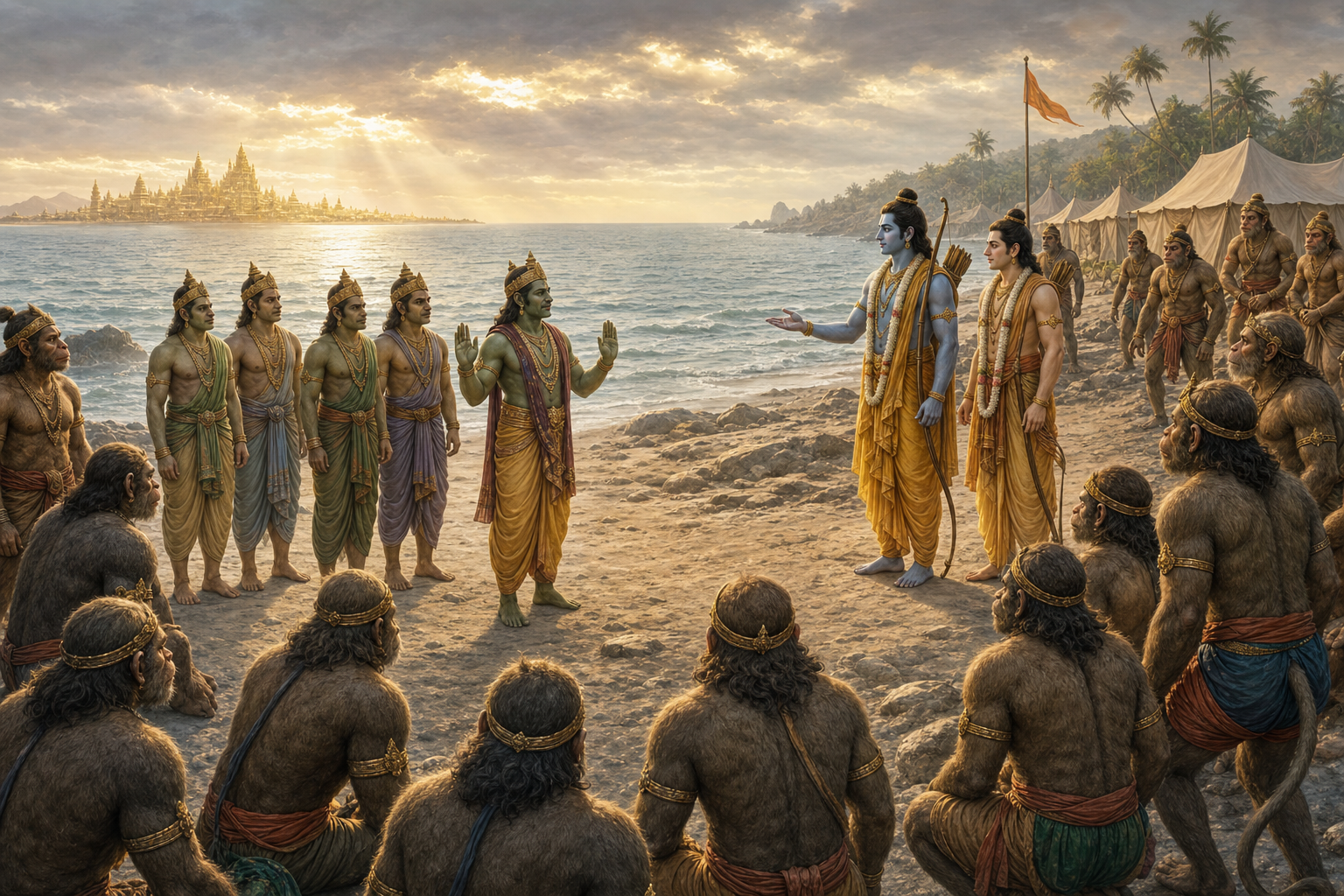 Vibhishana and four companions approach Rama's coastal camp with open hands as vanara sentries watch cautiously.