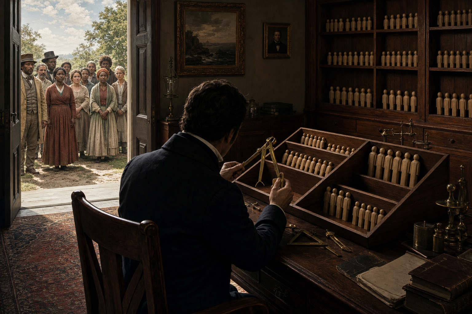 An official in a dim historical study sorts identical wooden human figures into compartments while a diverse group of people waits together in daylight beyond an open doorway.