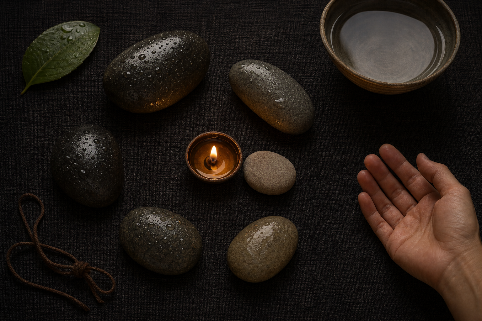 Six river stones form an inward spiral toward a small steady lamp, with a bowl of water, an untied cord, and a green leaf nearby.