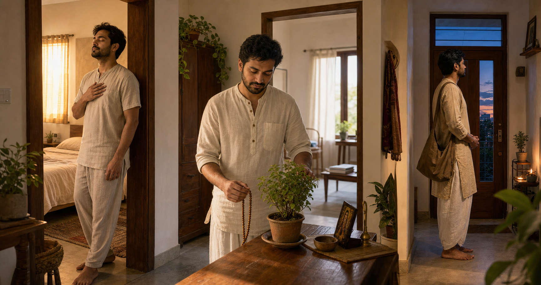 The same person pauses mindfully at a bedroom doorway, beside prayer beads and a tulsi plant, and again at the front door after returning home.