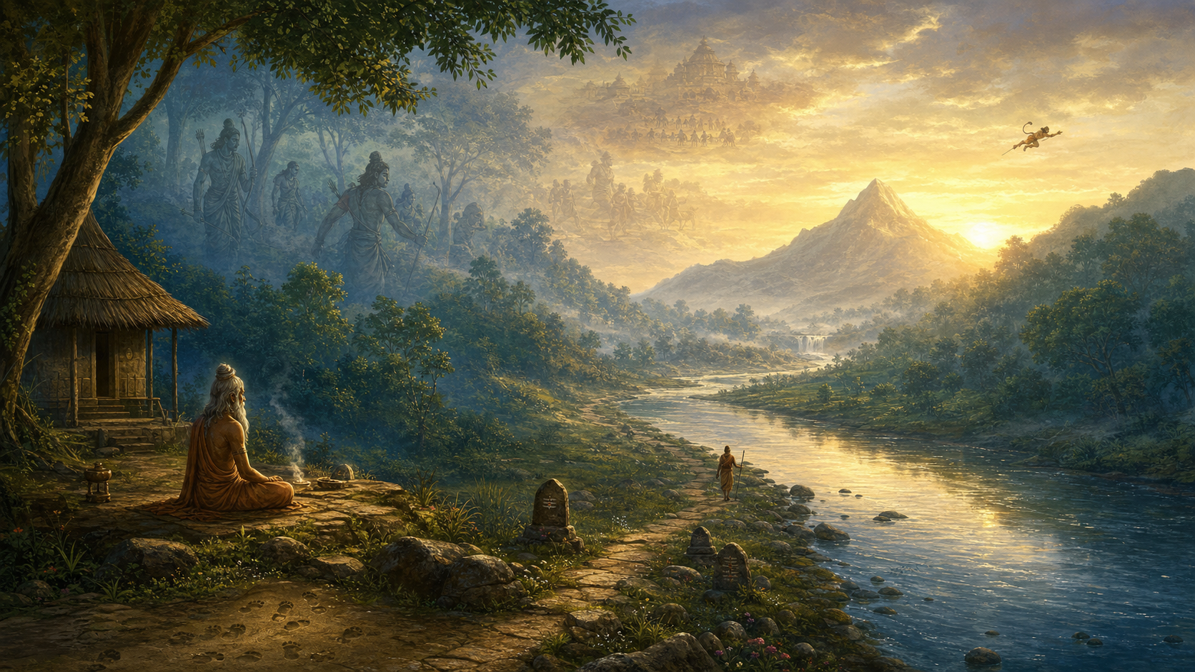 A pilgrim follows a river path past a forest hermitage toward distant mountains, with subtle epic figures and golden light layered into the landscape.