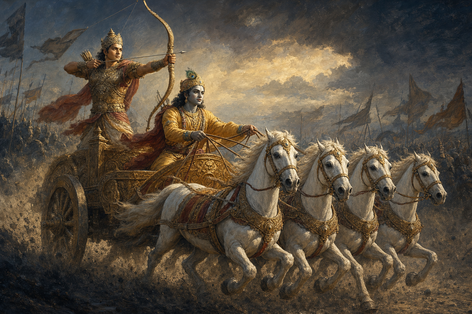 Krishna drives a four-horse chariot while Arjuna stands behind him with his bow raised and a calm, focused expression.