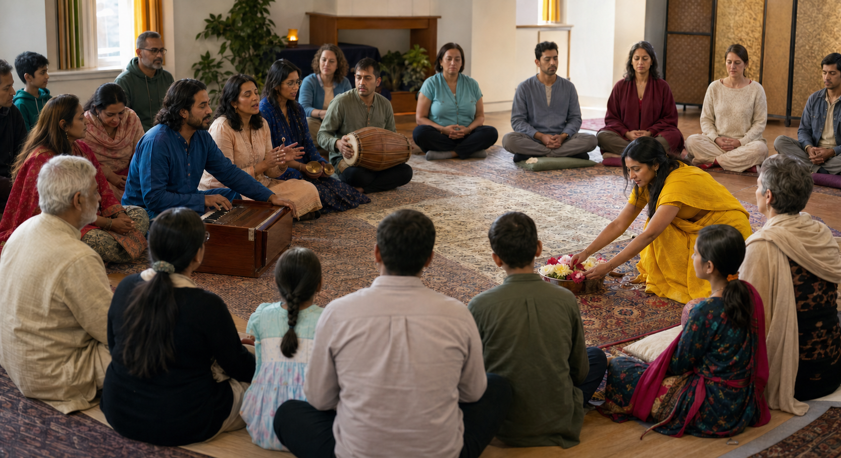 People from varied backgrounds sit in a devotional circle as participants offer music, meditation, flowers, and attentive listening in turn.