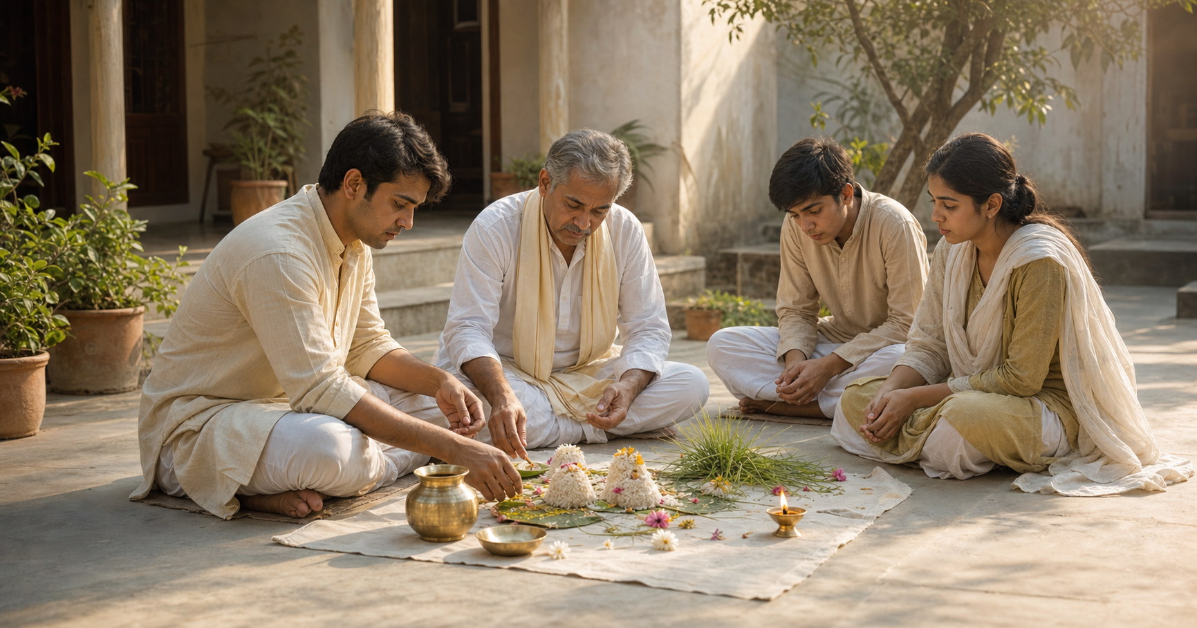 A family gathers respectfully around a simple ancestral remembrance arrangement in a sunlit home courtyard while an elder guides the householder.