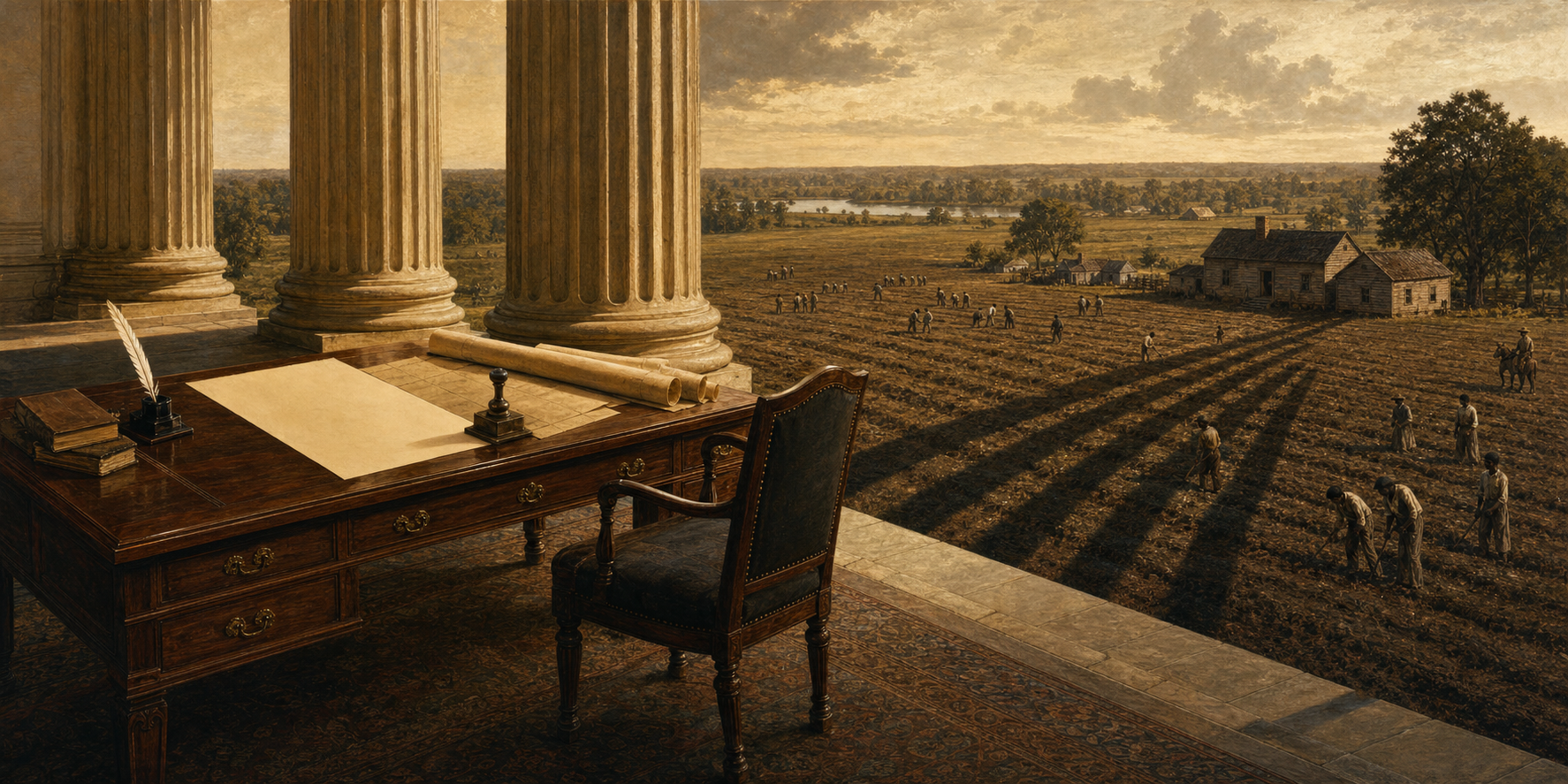 An empty statesman's chair and government desk stand before neoclassical columns, while the platform's shadow becomes plantation rows where enslaved people labor in the distance.