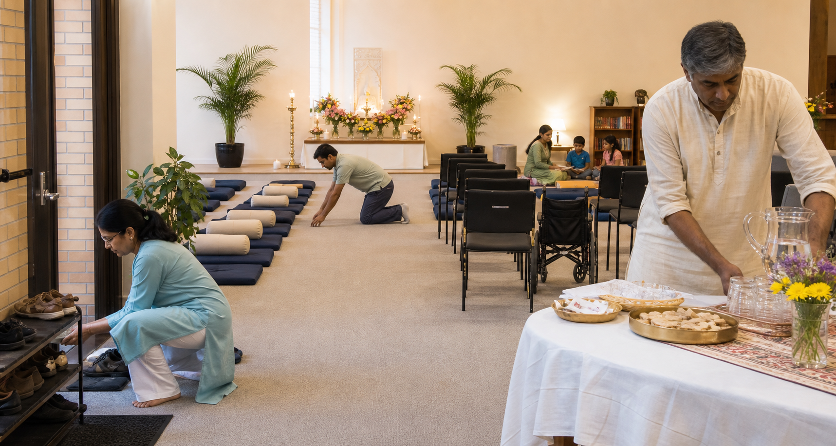 Volunteers arrange chairs, floor cushions, a shoe area, water, prasadam, accessible seating, and clear walkways in a community hall.
