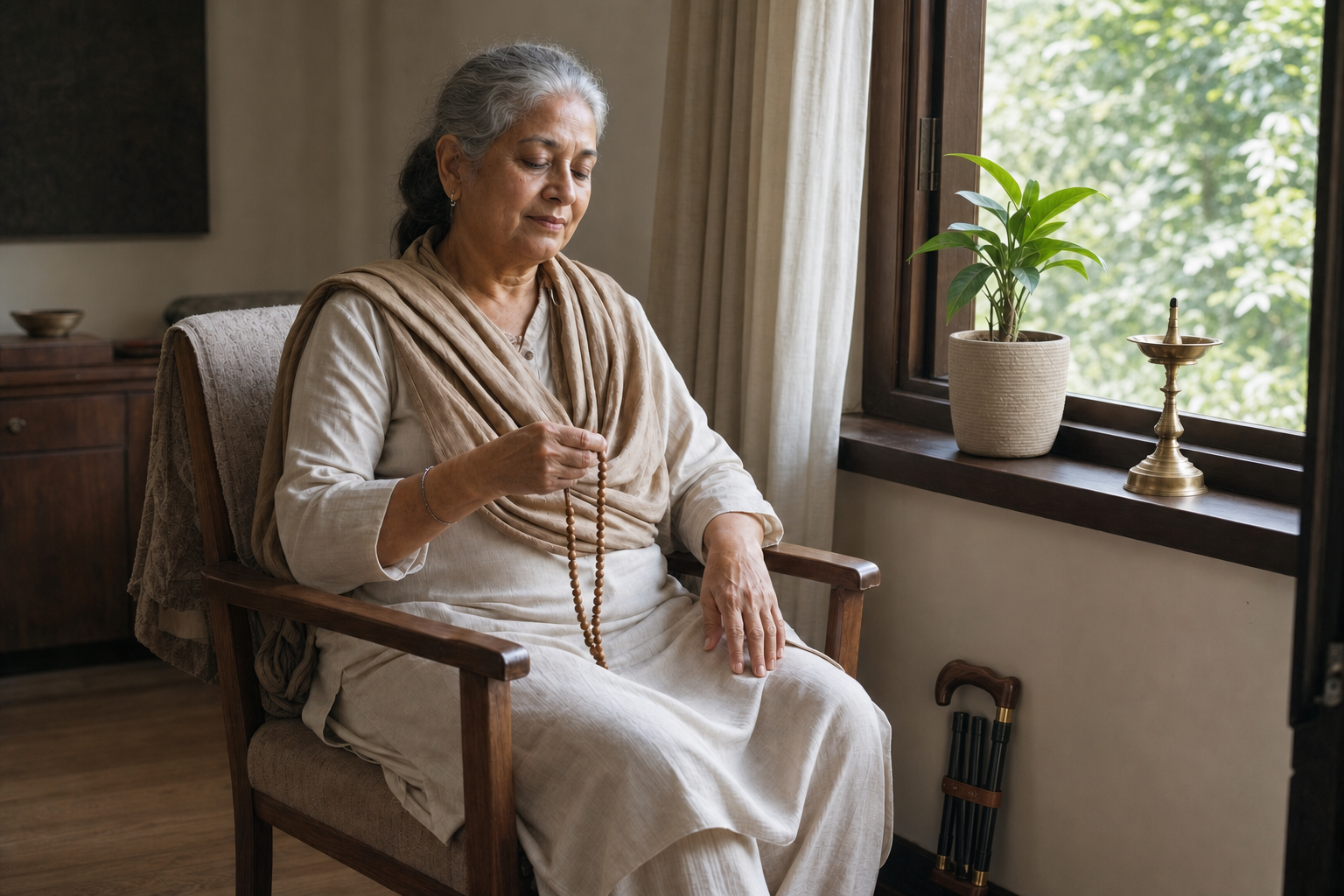An older adult practices quietly from a chair beside a window, with wooden beads in hand and a walking cane nearby.